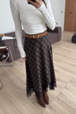 Dantel Detaylı Ekose Etek Kahve Yeşil - Görsel 2