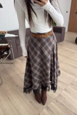 Dantel Detaylı Ekose Etek Kahve Mavi - Görsel 2