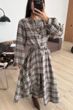 Beli Bağlamalı Ekose Elbise Kahverengi - Görsel 2