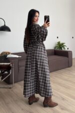 Beli Bağlamalı Ekose Elbise Antrasit - Görsel 4