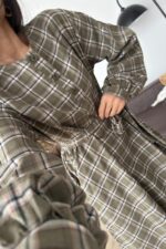 Beli Bağlamalı Ekose Elbise Haki - Görsel 3