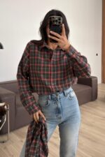 Pelerinli Ekose Gömlek Kırmızı - Görsel 3