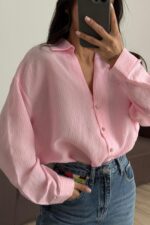 V Yaka Çizgili Oversize Gömlek Pembe - Görsel 2