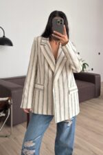 Çizgili Keten Ceket Taş Lacivert