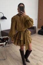 Rey Vatkalı Güpür Detaylı Elbise Hardal - Görsel 2