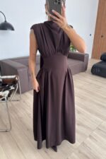 Lou Vatkalı Belden Oturtmalı Elbise Kahverengi - Görsel 2