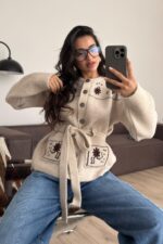 Çiçek Nakışlı Beli Bağlamalı Hırka Taş - Görsel 2