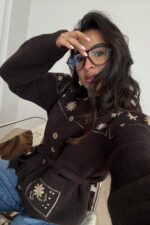 Çiçek Nakışlı Beli Bağlamalı Hırka Kahverengi - Görsel 3