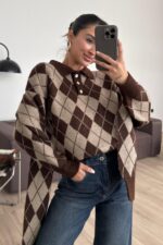 Atkılı Polo Yaka Baklava Desenli Kazak Kahverengi - Görsel 2