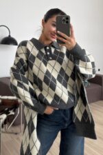 Atkılı Polo Yaka Baklava Desenli Kazak Gri - Görsel 2