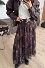 Kemerli Desenli Şifon Etek Kahverengi - Görsel 4