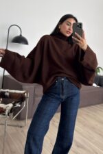 Boğazlı Yarasa Kol Kazak Kahverengi