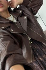 Luxury Yılan Derisi Deri Ceket Kahverengi - Görsel 5