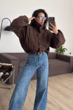 Pileli Dik Yaka Kısa Mont Kahverengi - Görsel 2