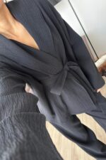 Gofre Kumaş Kimono Takım Siyah - Görsel 3