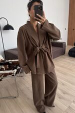 Gofre Kumaş Kimono Takım Kahverengi - Görsel 2