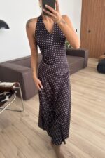 Boyundan Bağlamalı Puantiyeli Saten Saten Elbise - Görsel 3