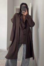 Çizgili Şallı Blazer Ceket Kahverengi - Görsel 3