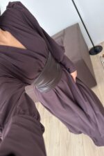 Deri Kemerli Manşet Kol Elbise Kahverengi - Görsel 3