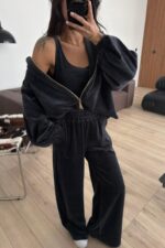 Kadife Hırka Crop Pantolon Takım Füme - Görsel 3