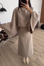 Massi Geniş Kollu Belden Bağlamalı Elbise Taş - Görsel 3