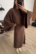 Massi Geniş Kollu Belden Bağlamalı Elbise Kahverengi - Görsel 3