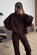 Kapşonlu Modal Kumaş Pantolon Takım Kahverengi - Görsel 2