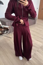 Pantolonu Pileli Bol Paça Hırka Takım Bordo - Görsel 2