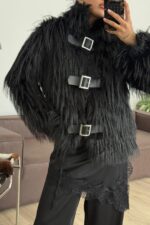 Kemer Detaylı Sakallı Kısa Kürk Siyah - Görsel 3