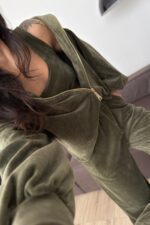 Kadife Hırka Crop Pantolon Takım Haki - Görsel 2