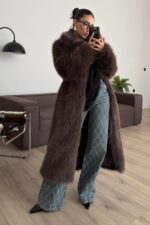 Şal Yaka Bağlamalı Uzun Kürk Kahverengi - Görsel 2