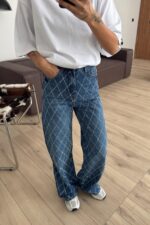 Wide Leg Baklava Taşlı Mavi Jean - Görsel 2