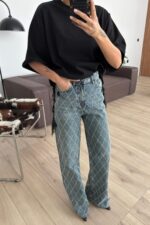 Wide Leg Baklava Taşlı Eskitme Mavi Jean - Görsel 2