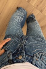 Dalgalı Taşlı Geniş Paça Mavi Jean - Görsel 3