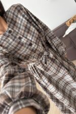 Beli Bağlamalı Ekose Elbise Kahverengi - Görsel 3