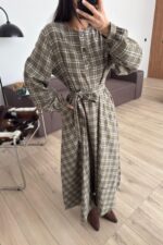 Beli Bağlamalı Ekose Elbise Haki - Görsel 2