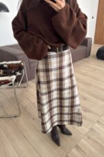 For Ekoseli Uzun Etek Beyaz Kahve - Görsel 2