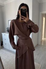 Floş Saten Etek Takım Kahverengi - Görsel 2