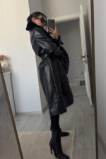 Yakası Kürklü Rugan Deri Kaban Siyah - Görsel 3