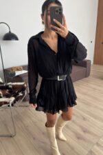 Kalın Kemerli Şifon Elbise Siyah - Görsel 2