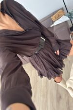 Kalın Kemerli Şifon Elbise Kahverengi - Görsel 3