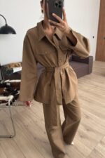 Çıtçıtlı Gabardin Takım Karamel - Görsel 2