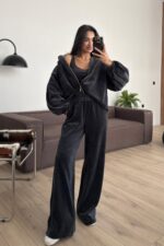 Kadife Hırka Crop Pantolon Takım Füme - Görsel 2