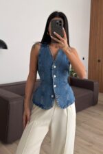 Beli Bağlamalı Mavi Kot Yelek