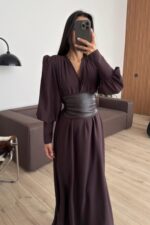 Deri Kemerli Manşet Kol Elbise Kahverengi - Görsel 2