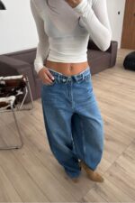 Beli Katlamalı Orta Mavi Baggy Jean - Görsel 2