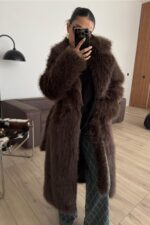 Şal Yaka Bağlamalı Uzun Kürk Kahverengi - Görsel 3