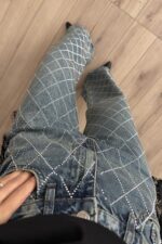 Wide Leg Baklava Taşlı Eskitme Mavi Jean - Görsel 3