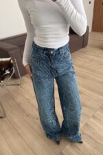 Dalgalı Taşlı Geniş Paça Mavi Jean - Görsel 2