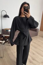 Önü Bağlamalı Pileli Takım Siyah - Görsel 3